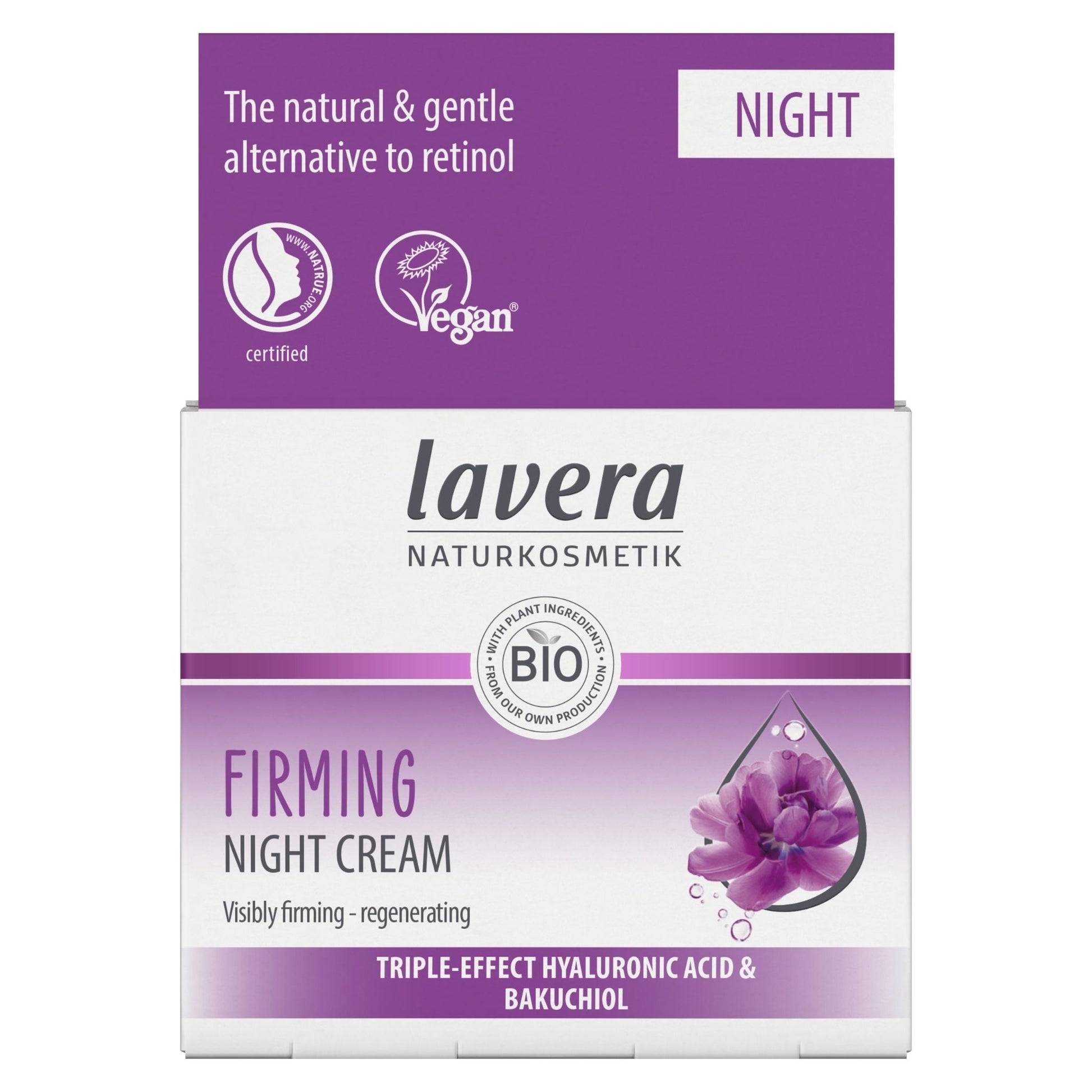 Lavera Organic Firming Night Cream packaging box, featuring a purple and white design with a purple flower graphic and text indicating it is suitable for night use.