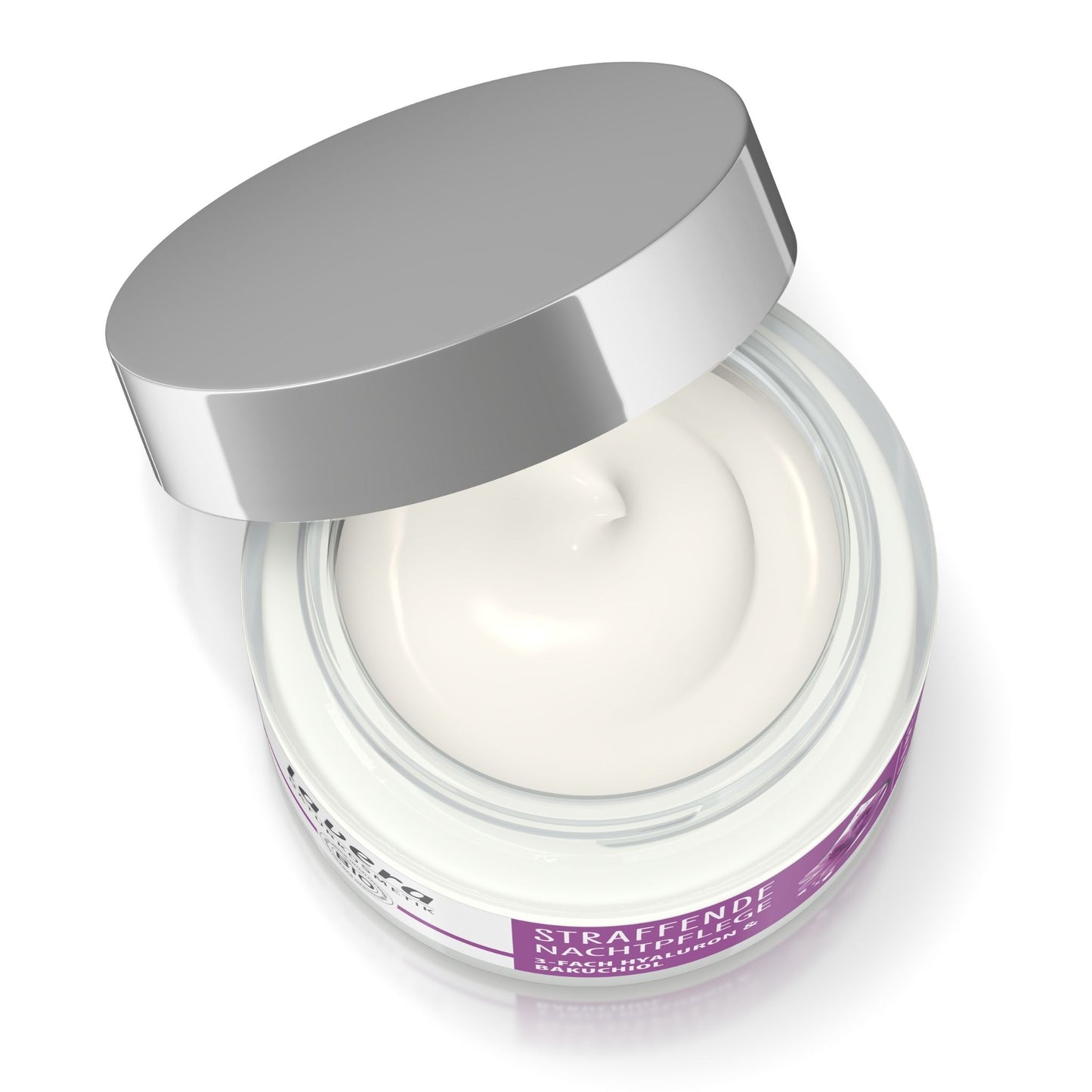 Lavera Organic Firming Night Cream jar open with white cream, featuring a silver lid on a white background.