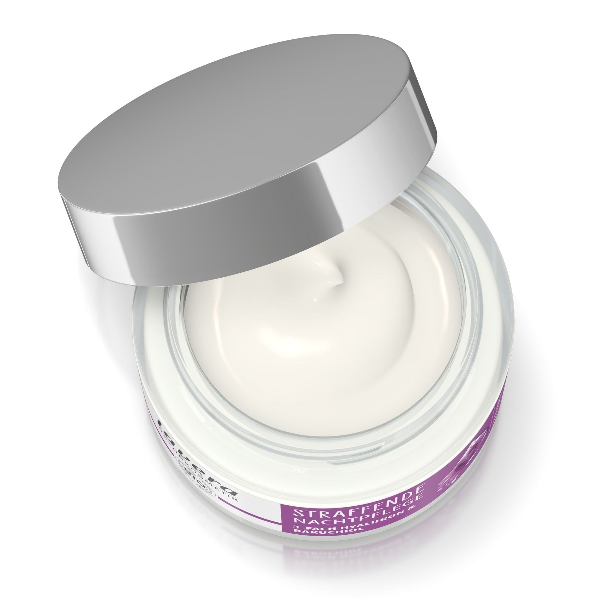 Lavera Organic Firming Night Cream jar open with white cream, featuring a silver lid on a white background.
