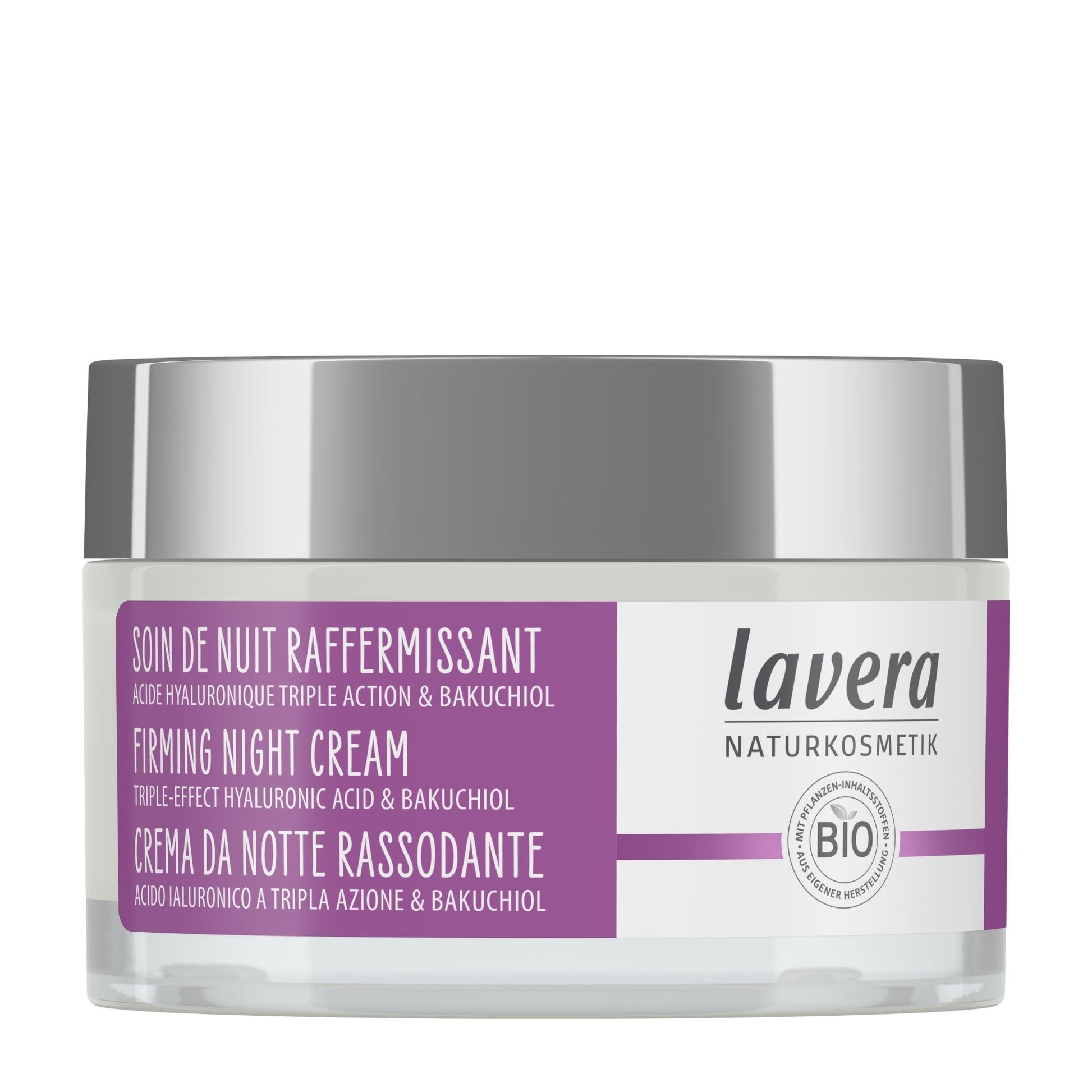 Lavera Organic Firming Night Cream jar featuring a purple and white design with a purple flower graphic and text on a white background.
