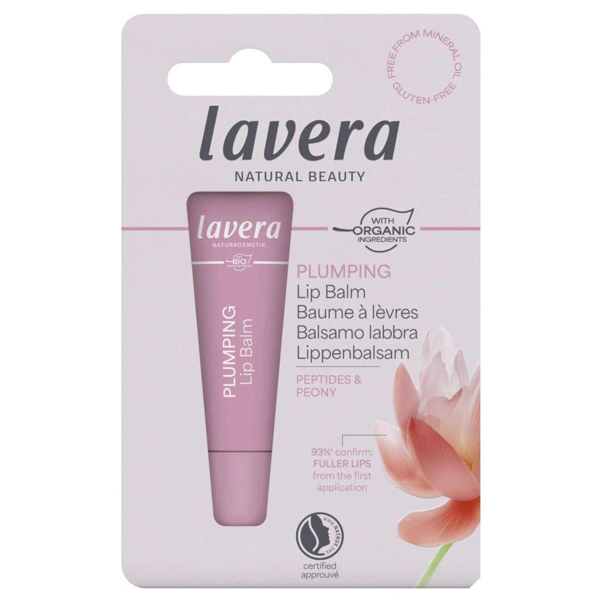 Lavera Plumping Lip Balm in a pink tube, presented in a blister pack on a white background.