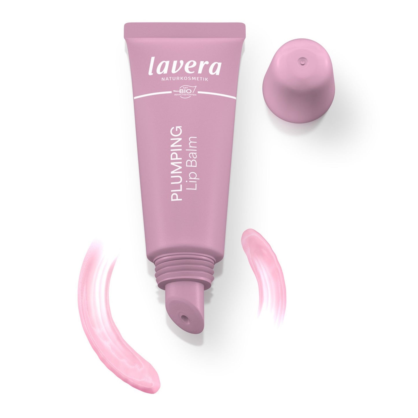 Lavera Plumping Lip Balm in a pink tube open, presented on a white background.