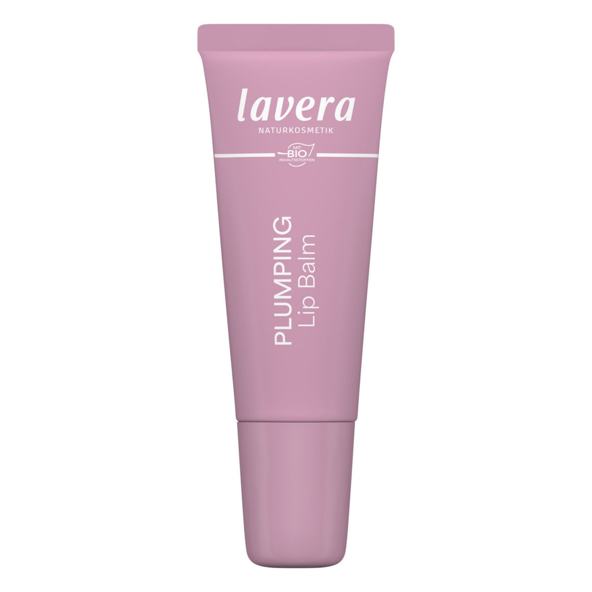 Lavera Plumping Lip Balm in a pink tube, presented on a white background.