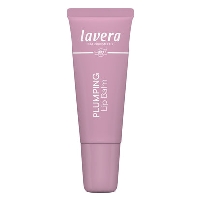 Lavera Plumping Lip Balm in a pink tube, presented on a white background.