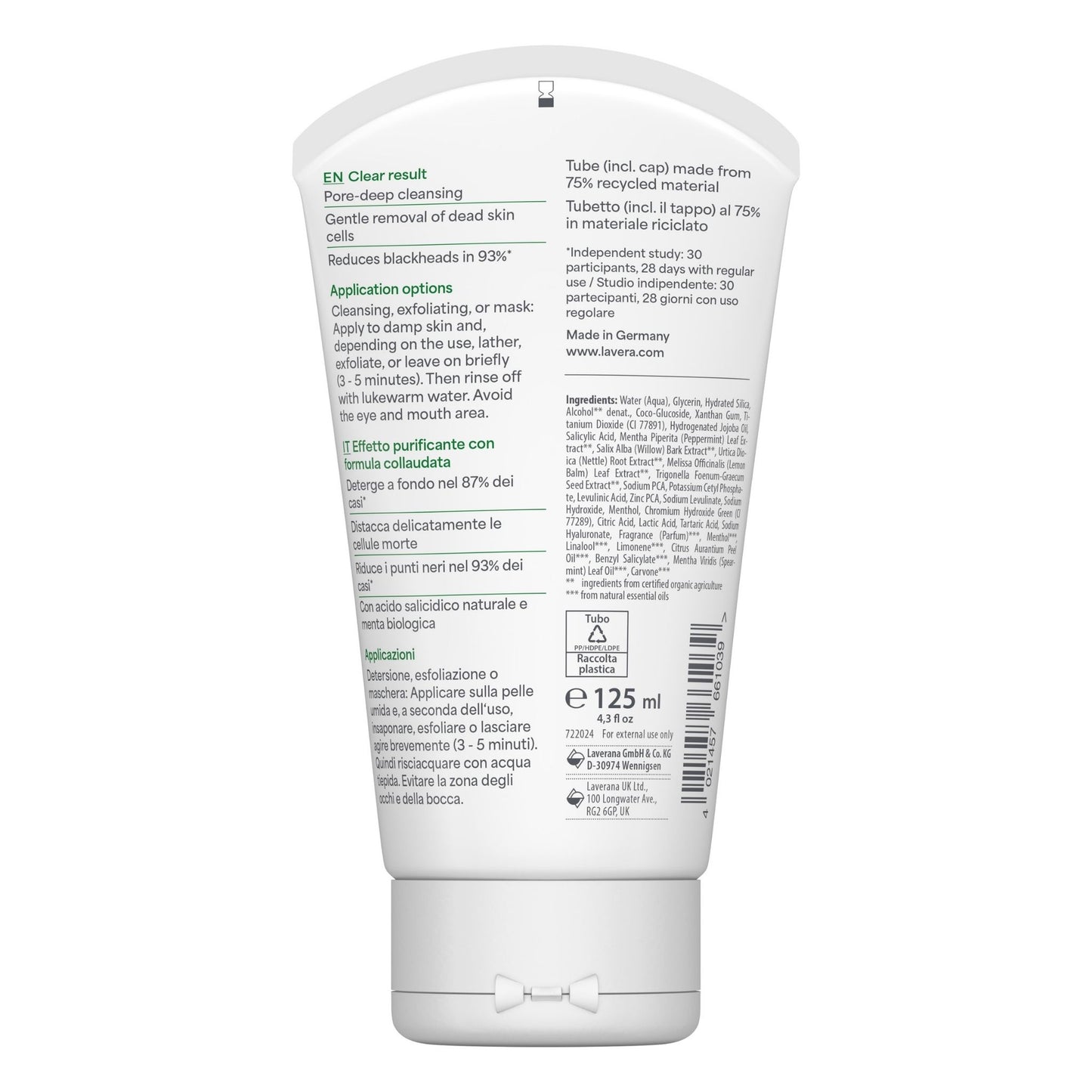 Back of Lavera pure beauty 3 in 1 wash, scrub & mask tube sitting upright on a clean white background