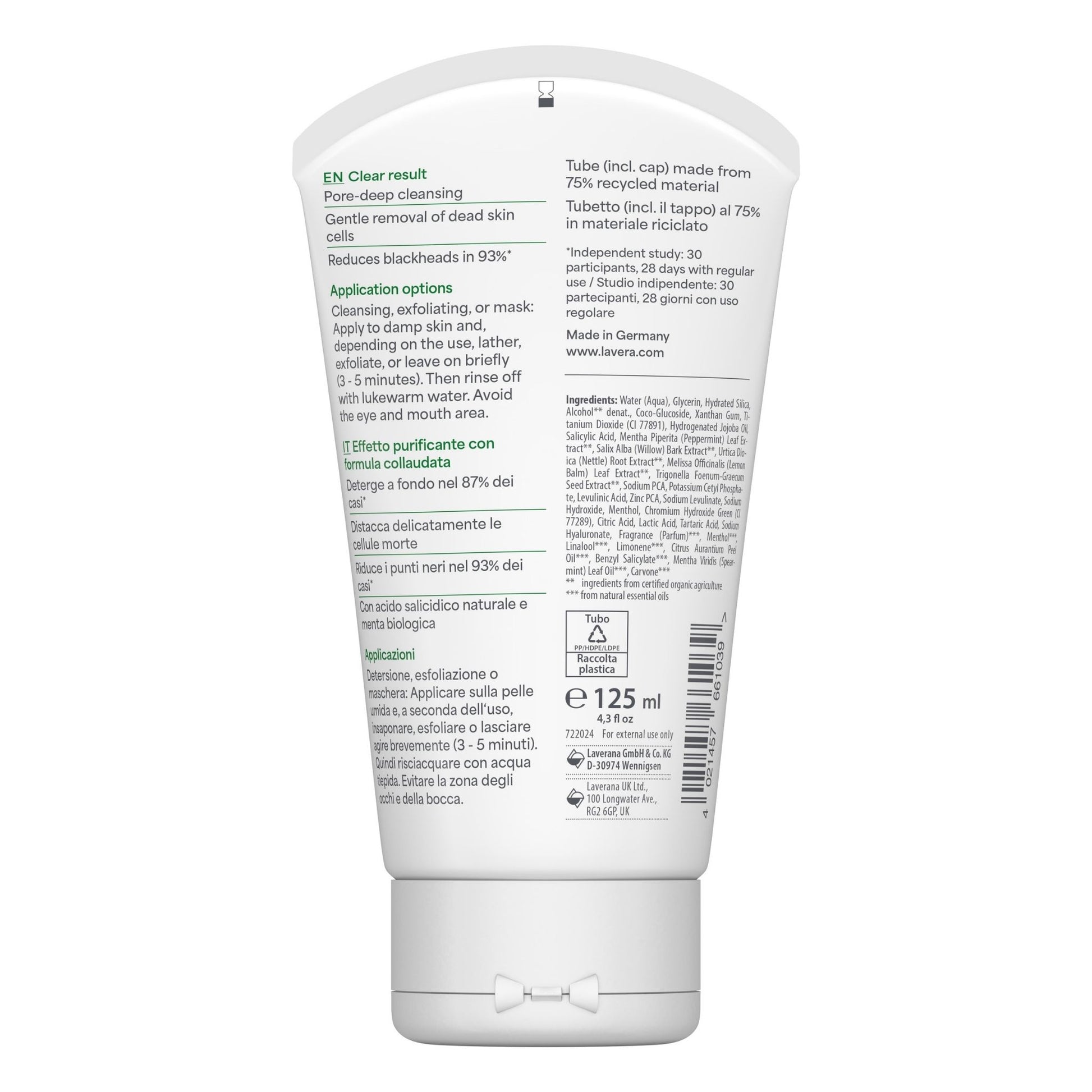 Back of Lavera pure beauty 3 in 1 wash, scrub & mask tube sitting upright on a clean white background
