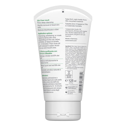 Back of Lavera pure beauty 3 in 1 wash, scrub & mask tube sitting upright on a clean white background