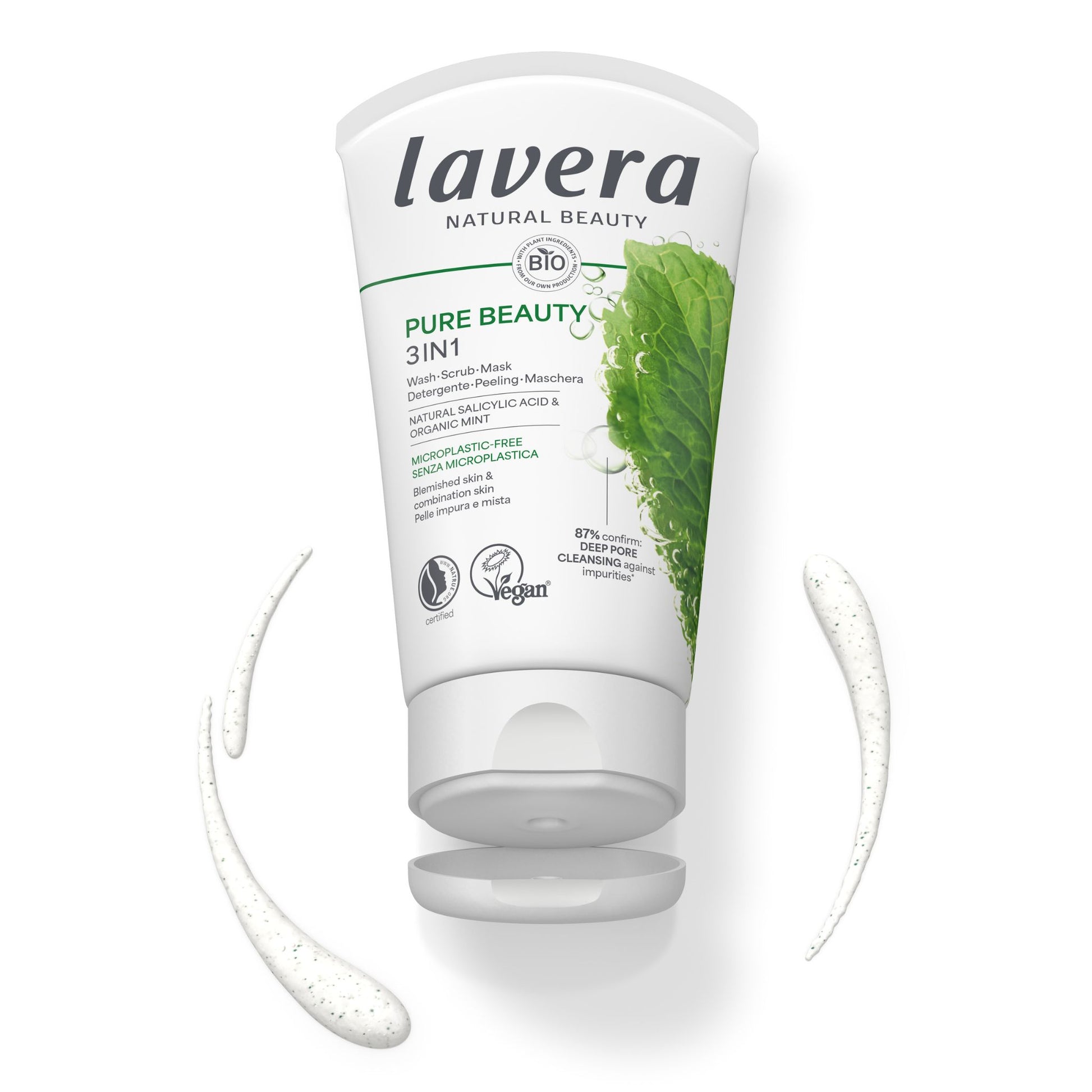 Lavera pure beauty 3 in 1 wash, scrub & mask tube open and on a clean white background