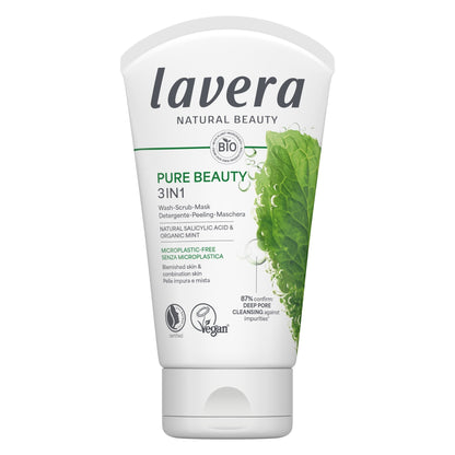 Lavera pure beauty 3 in 1 wash, scrub & mask tube sitting upright on a clean white background