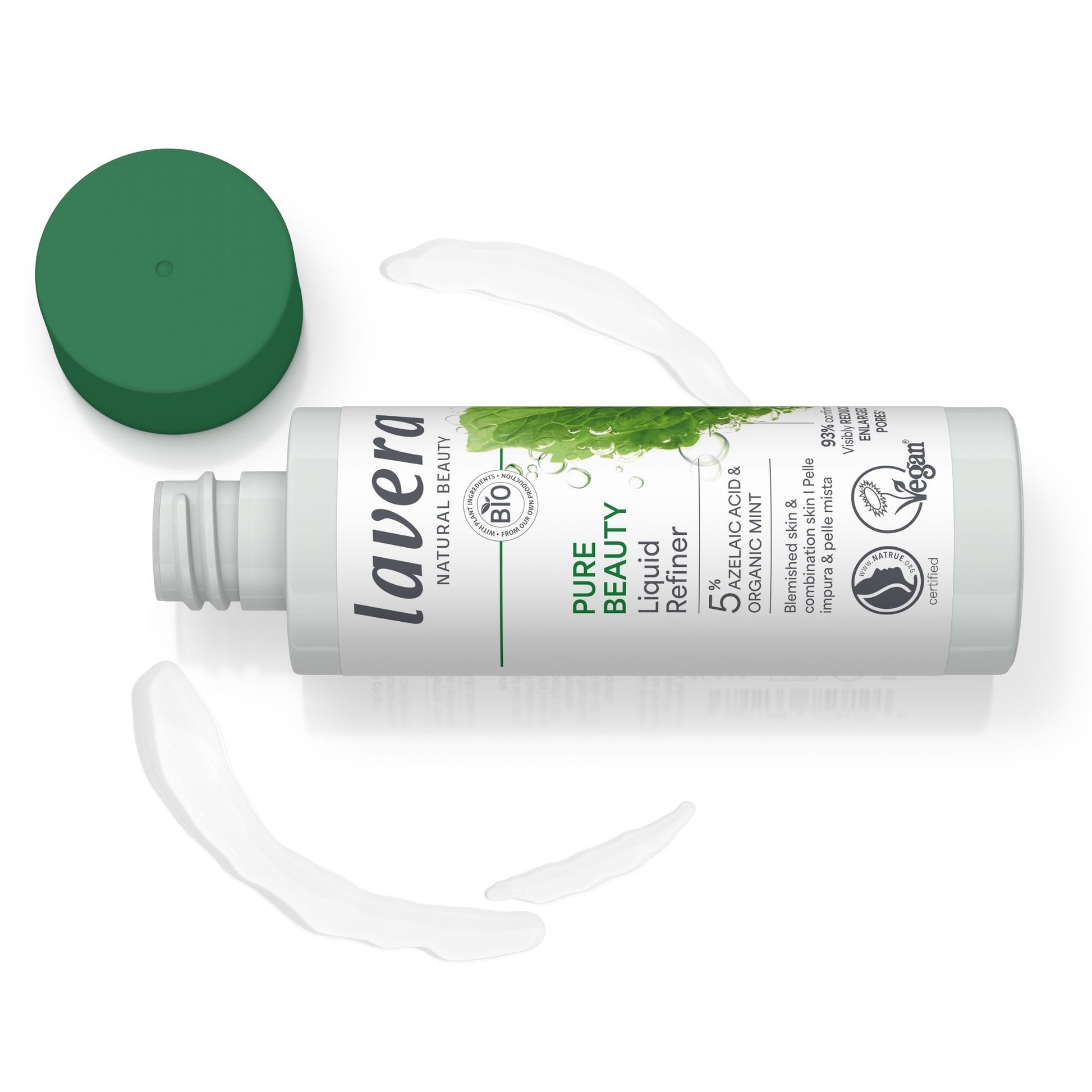A bottle of Laera Pure Beauty Liquid Refiner, shown lying on its side with its green cap removed and placed beside it. The bottle is white with green and black text, on a clean white background.