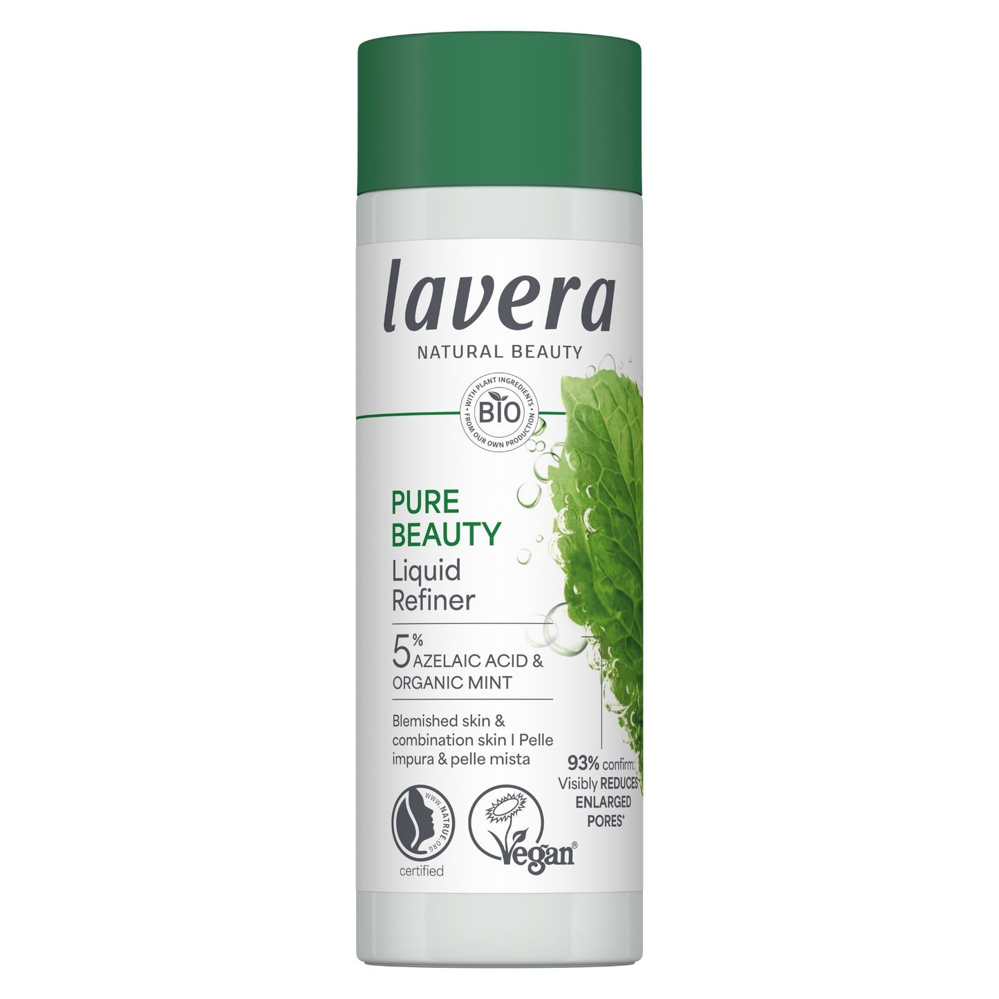 A bottle of Lavera Pure Beauty Liquid Refiner, featuring a white bottle with a dark green cap and a green mint graphic on the label.