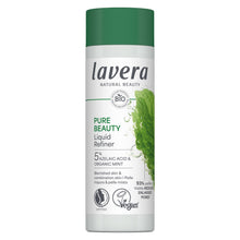 A bottle of Lavera Pure Beauty Liquid Refiner, featuring a white bottle with a dark green cap and a green mint graphic on the label.