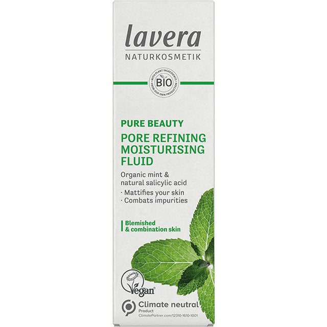 Lavera Pure Beauty Pore Refining Moisturising Fluid containing organic mint and natural salicylic acid to help mattify your skin and combat impurities