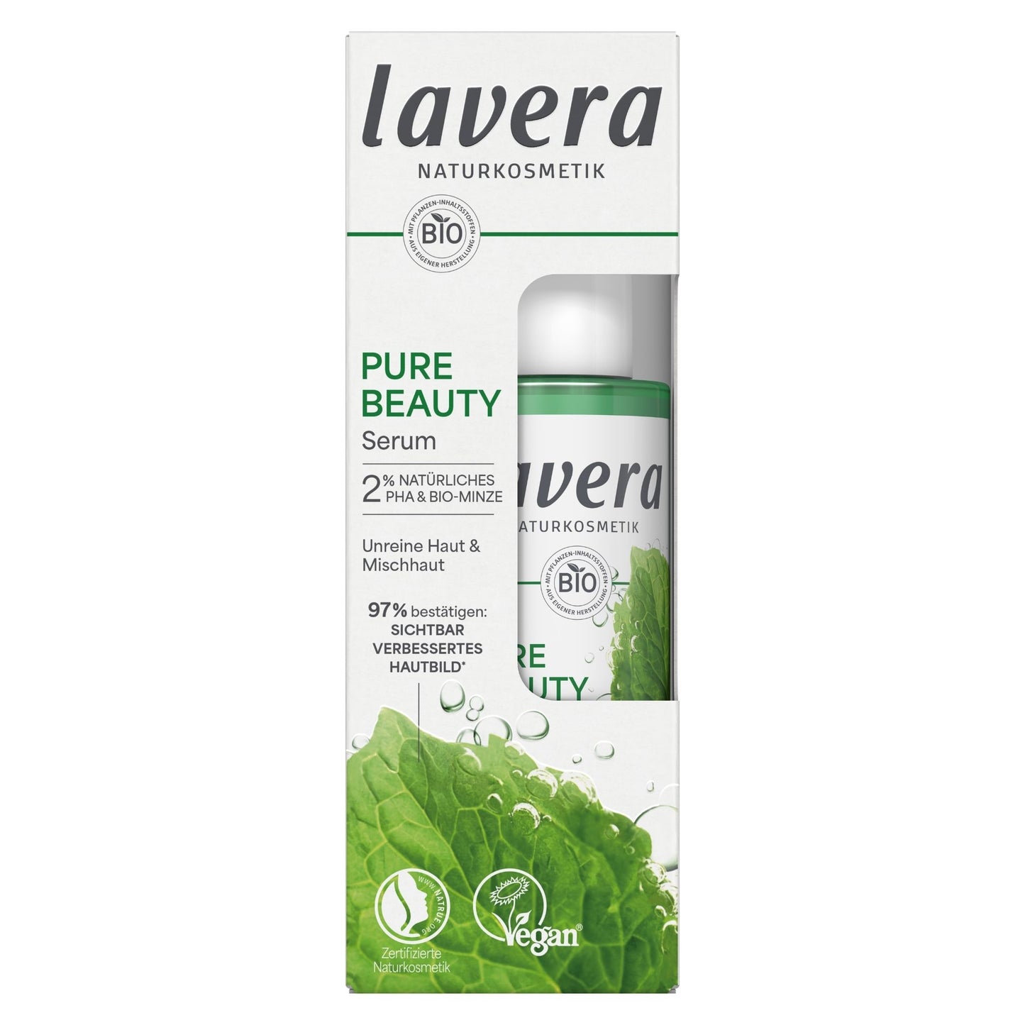 Lavera Pure Beauty Serum in its retail packaging, featuring a white box with green accents, a visible bottle with a white cap, and a green leafy design at the bottom.