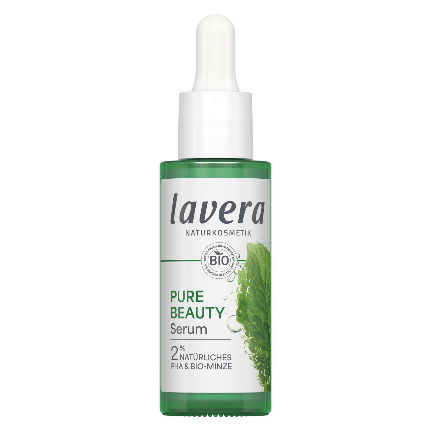 Lavera Pure Beauty Serum in a green glass dropper bottle with a white label and white dropper cap, shown on a plain white background.
