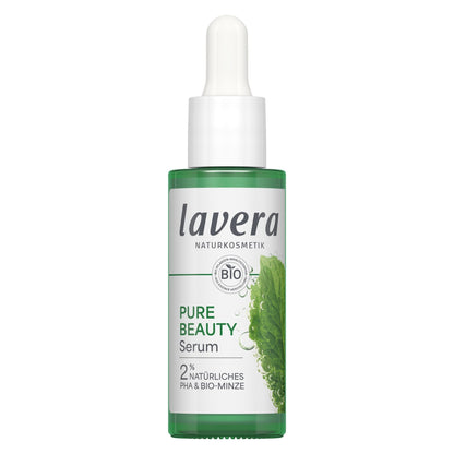 Lavera Pure Beauty Serum in a green glass dropper bottle with a white label and white dropper cap, shown on a plain white background.