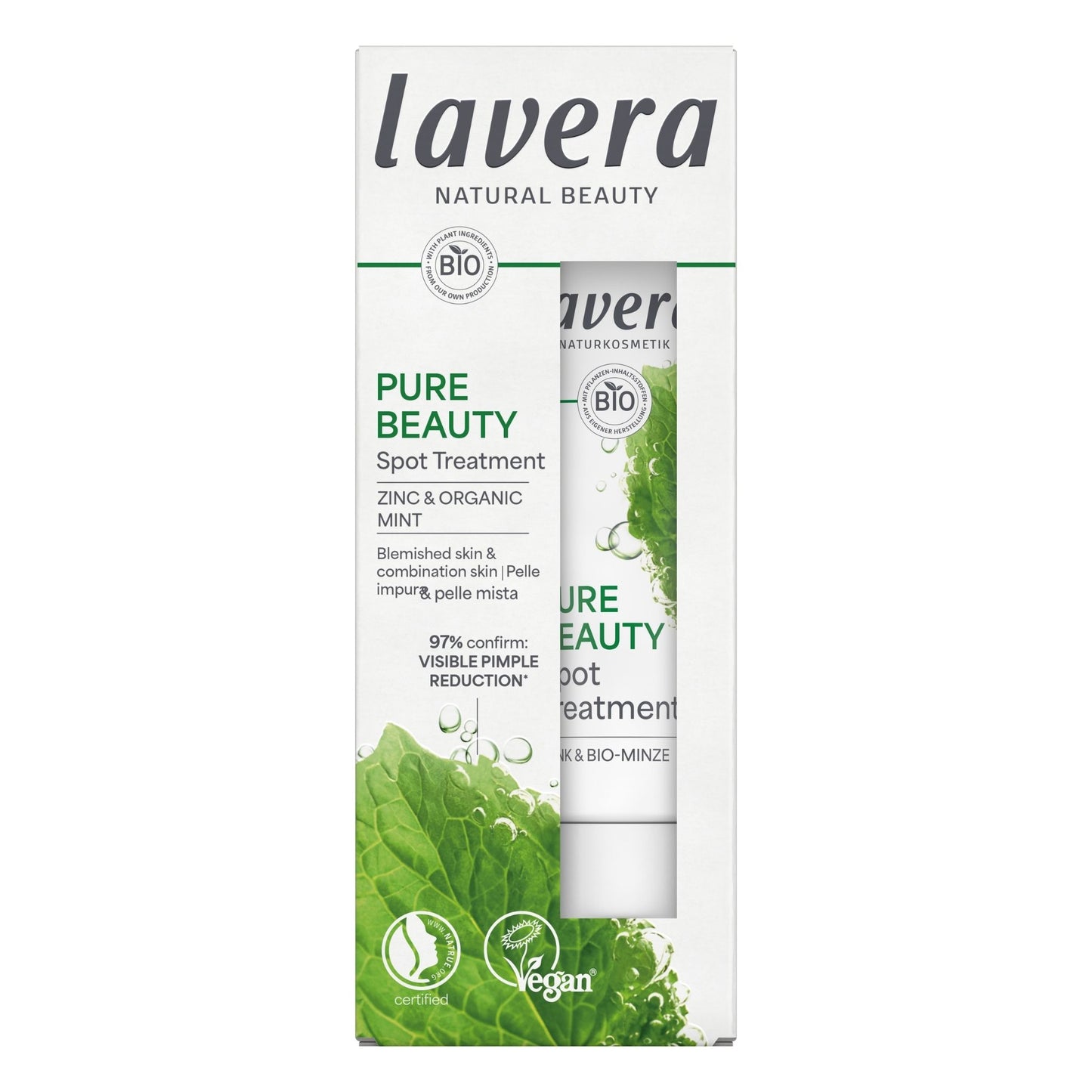 Lavera Pure Beauty Spot Treatment packaging, showing the white and green box with a tube partially visible behind it on a plain white background.