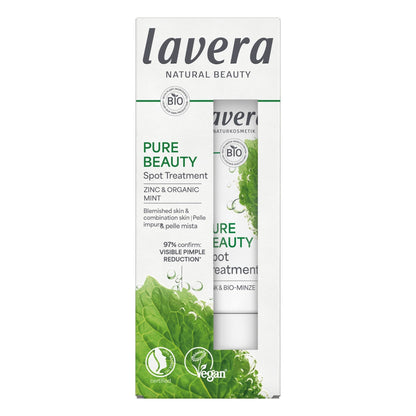 Lavera Pure Beauty Spot Treatment packaging, showing the white and green box with a tube partially visible behind it on a plain white background.