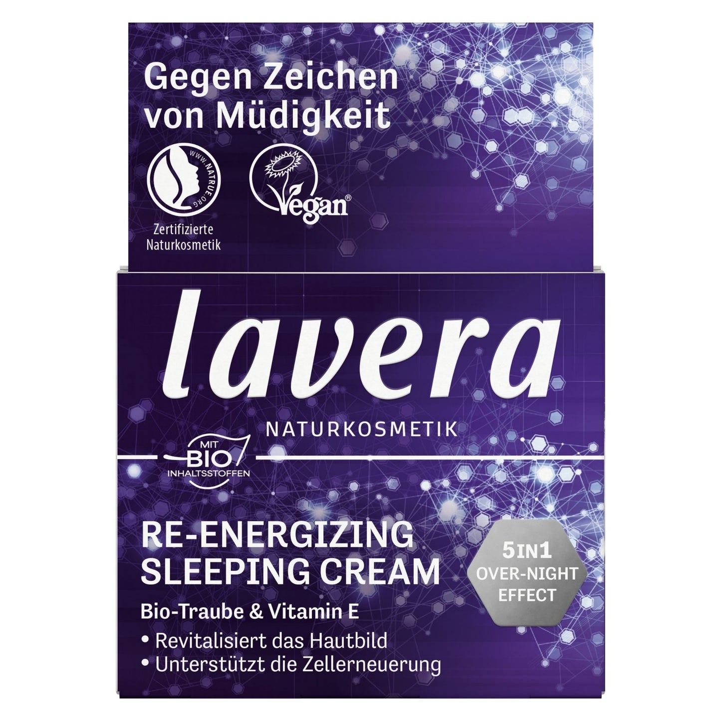 Lavera Re-Energising Sleeping Cream box in purple with white text and glowing network graphics, shown on a white background.