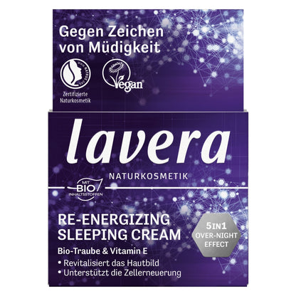 Lavera Re-Energising Sleeping Cream box in purple with white text and glowing network graphics, shown on a white background.