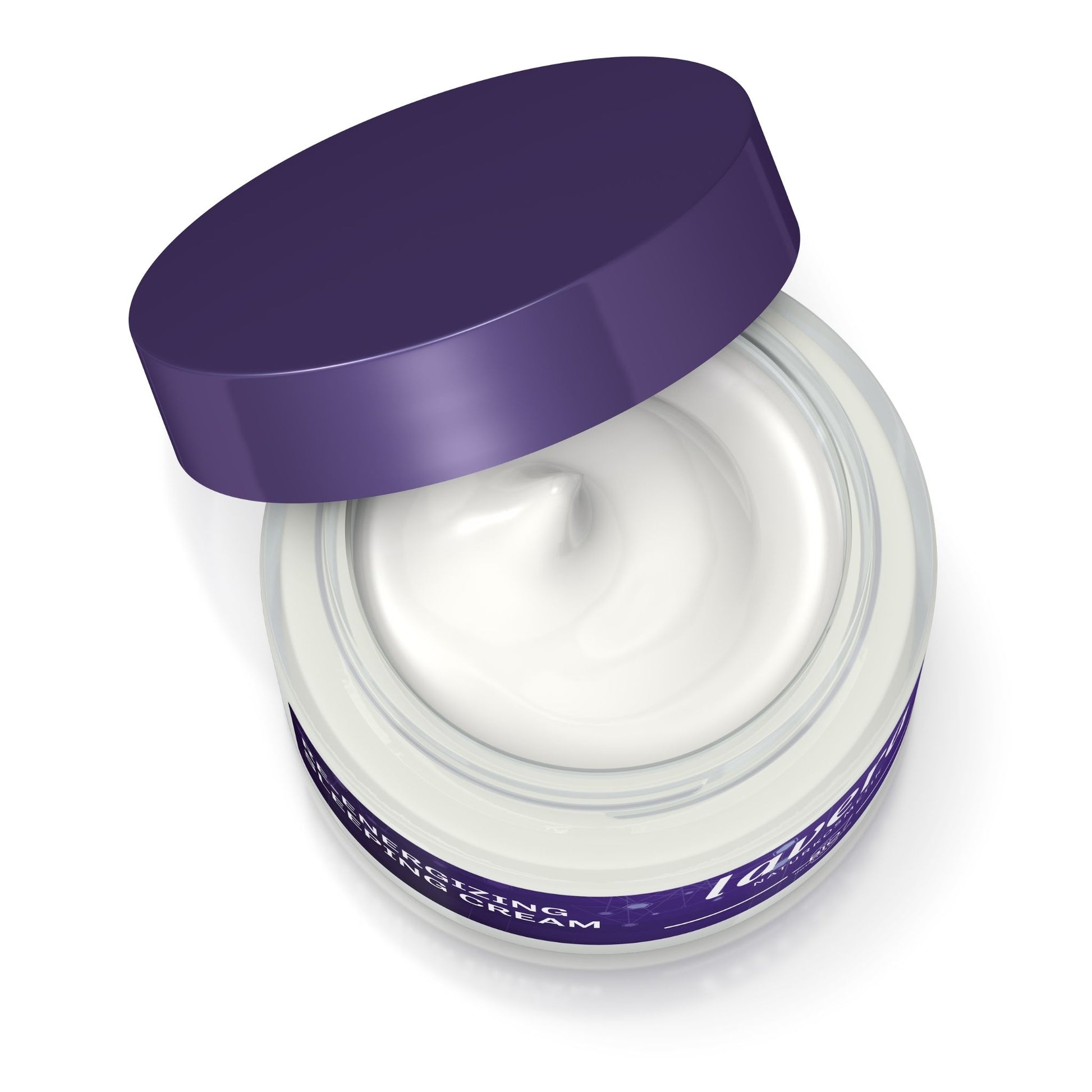 Lavera Re-Energising Sleeping Cream jar open with white cream on a white background.
