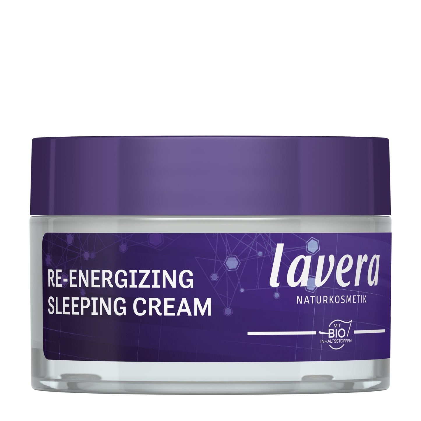 Lavera Re-Energising Sleeping Cream jar in purple with white text and glowing network graphics, shown on a white background.