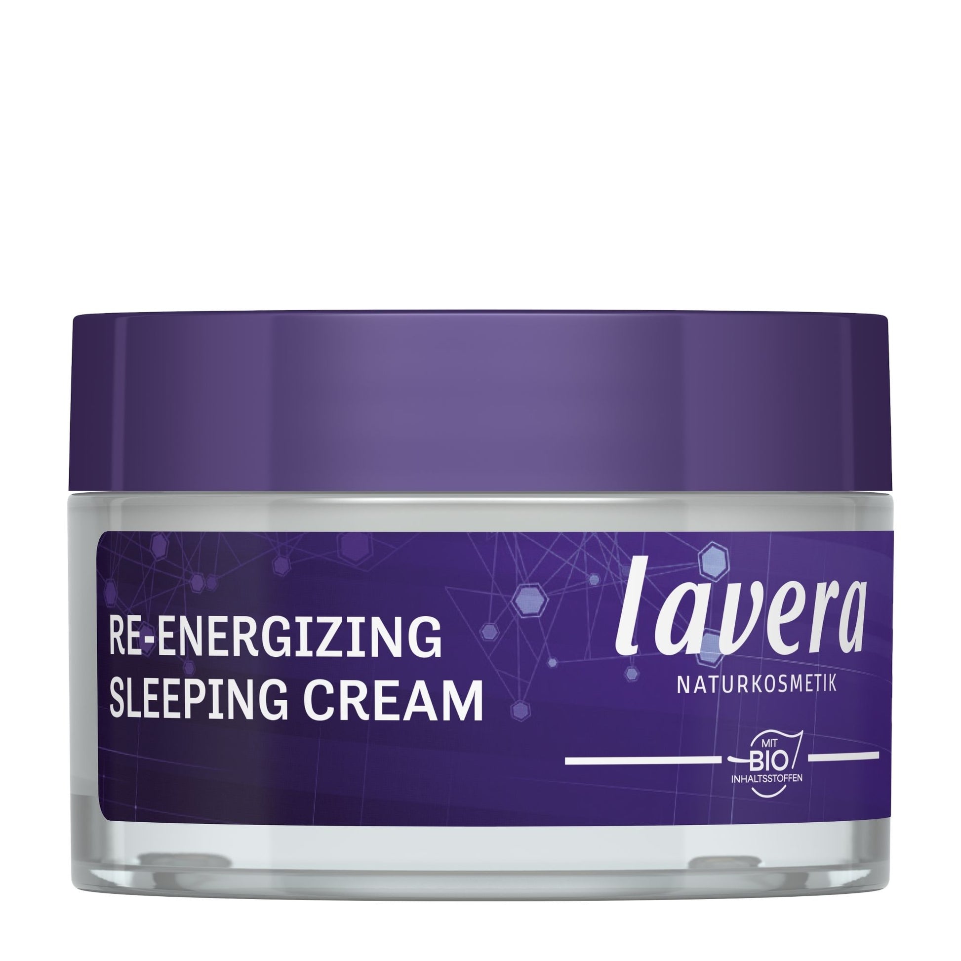 Lavera Re-Energising Sleeping Cream jar in purple with white text and glowing network graphics, shown on a white background.