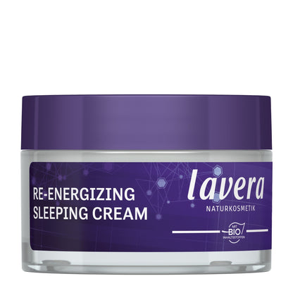 Lavera Re-Energising Sleeping Cream jar in purple with white text and glowing network graphics, shown on a white background.