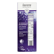 A white and night blue packaging of lavera Re-Energizing Sleeping Eye Cream, displayed on a clean white background.