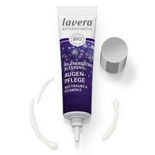 A squeeze tube of lavera Re-Energizing Sleeping Eye Cream with its cap off, displayed on a clean white background with two dollops of white cream.