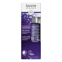 Lavera Re-Energizing Sleeping Oil Elixir in its original packaging, featuring a purple and white box with a clear window showing the dark purple bottle inside.