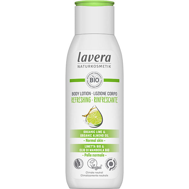 Lavera Organic Refreshing Body Lotion with organic lime and organic almond oil in a white bottle.