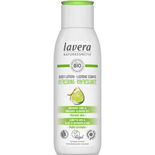 Lavera Organic Refreshing Body Lotion with organic lime and organic almond oil in a white bottle.