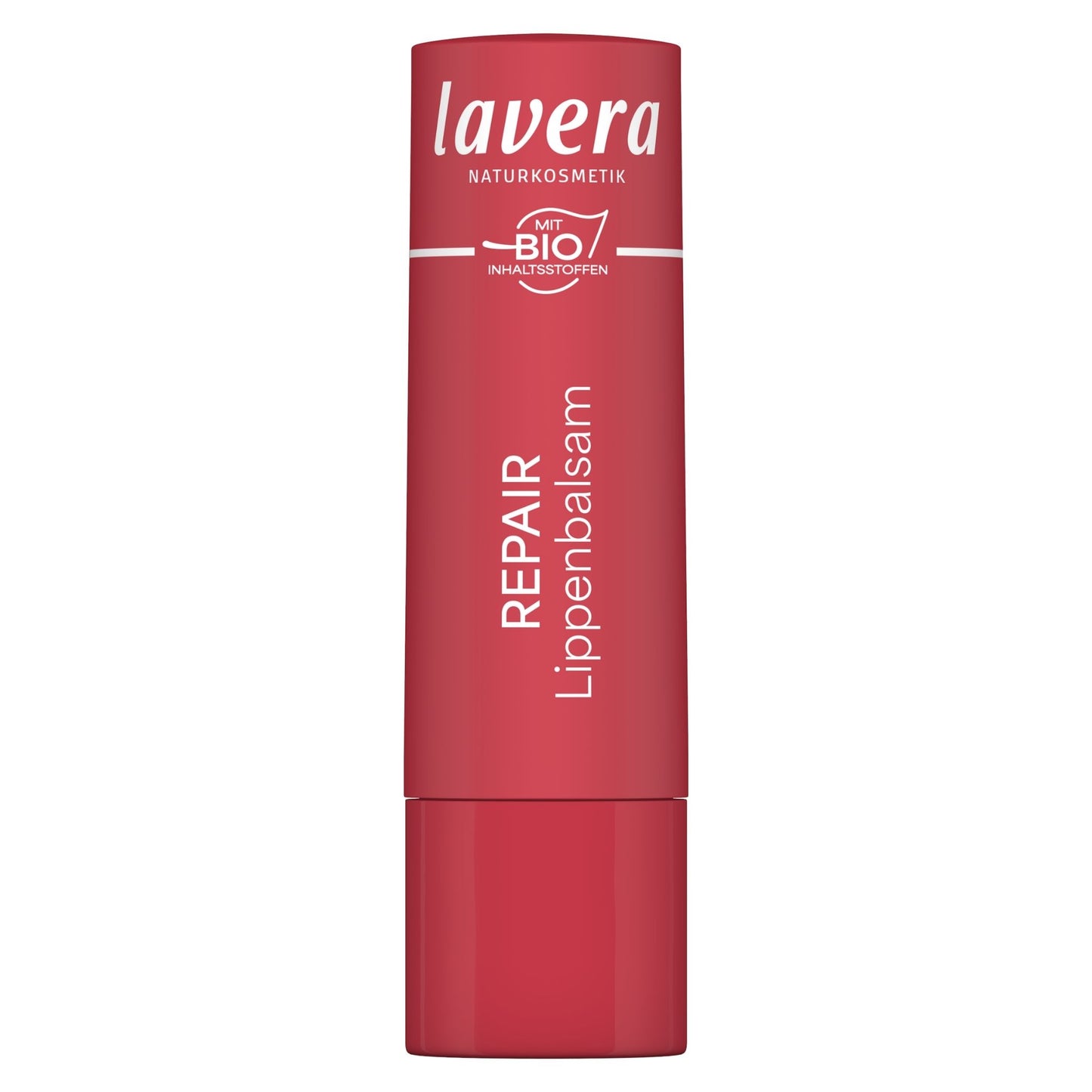 A red tube of Lavera Repair lip balm on a plain white background.