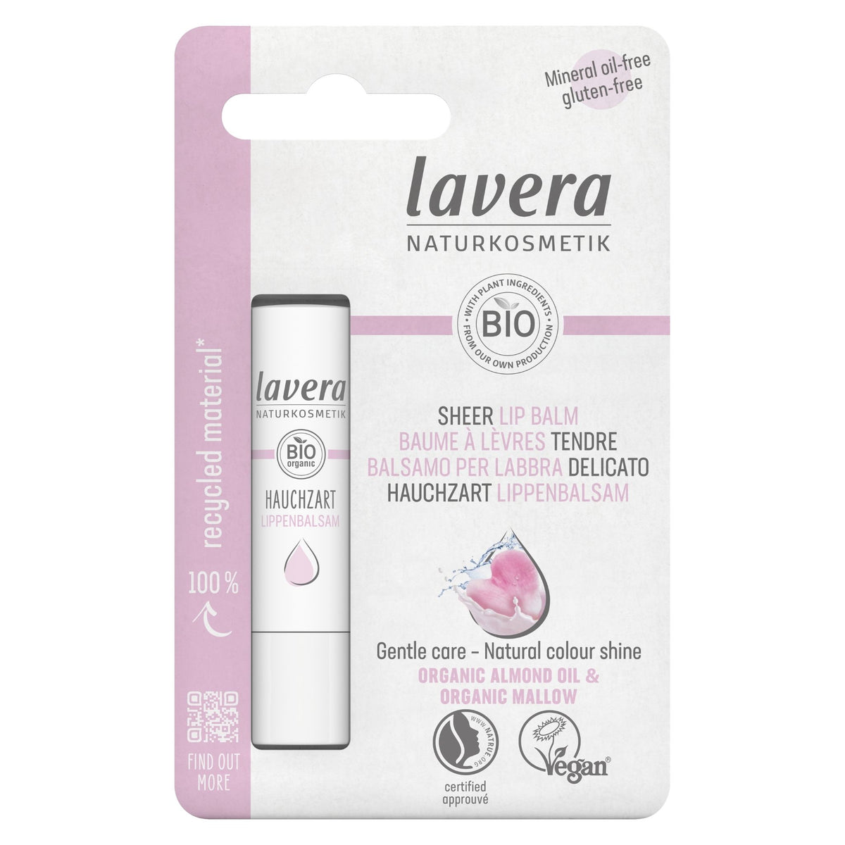 Lavera Natural Sheer Lip Balm in its original retail packaging, featuring a white and pink tube inside a white cardboard blister pack with German text and product details.