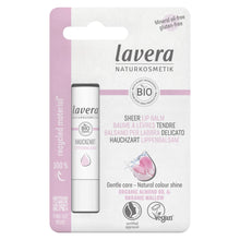 Lavera Natural Sheer Lip Balm in its original retail packaging, featuring a white and pink tube inside a white cardboard blister pack with German text and product details.