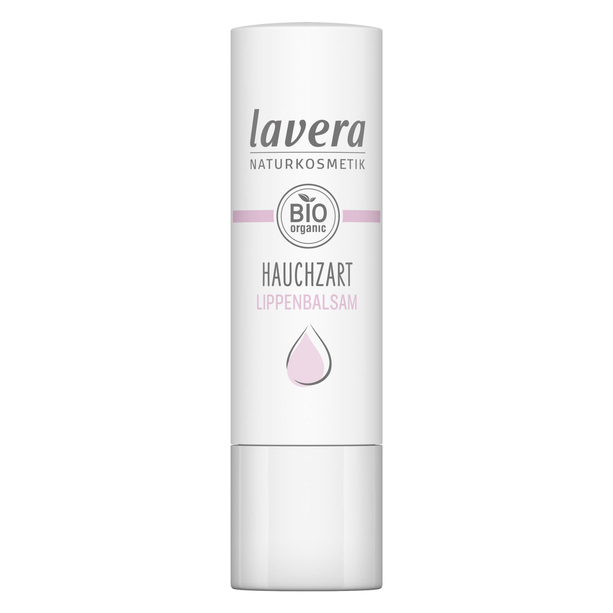 A white cylindrical stick of Lavera Natural Lip Balm with a white cap, featuring pink and gray text and a pink droplet icon on a white background.