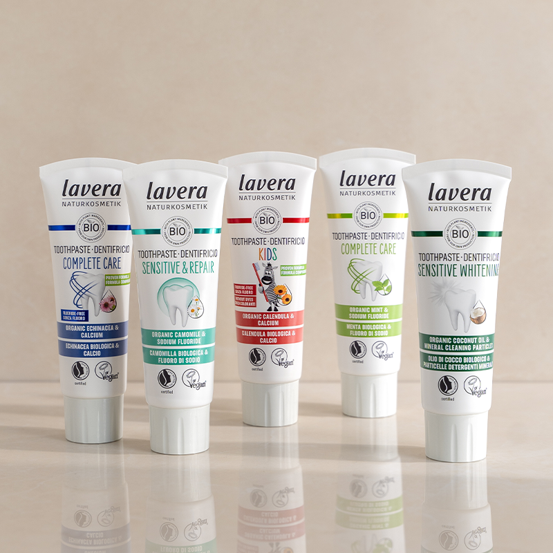 Range of lavera Natural and organic Toothpaste.Certified by Natrue and Certified Vegan by the Vegan Society 