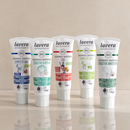 Range of lavera Natural and organic Toothpaste.Certified by Natrue and Certified Vegan by the Vegan Society 