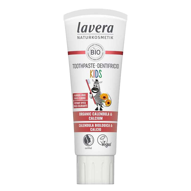 Lavera Kids Toothpaste with Organic Calendula and Calcium. Certified by Natrue and Cerfified Vegan by the Vegan Society  