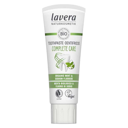 lavera Complete Care Toothpaste with Organic Mint and Sodium Fluroride. Certified Vegan by the Vegan Society and Certified by Natrue 