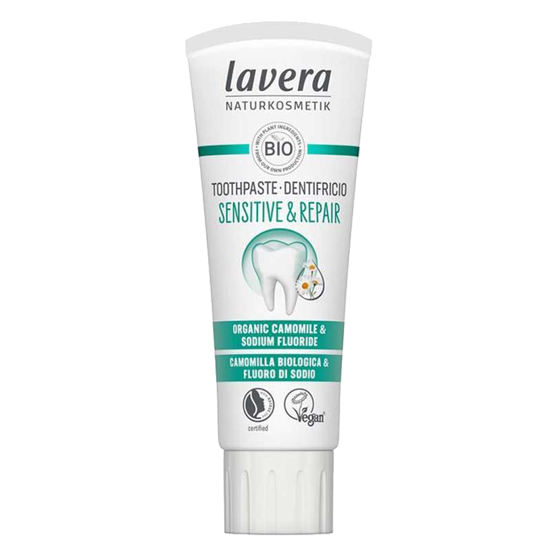 Lavera Toothpaste Sensitive and Repair with organic camomile and sodium fluoride. Certifed by Natrue and Certified Vegan by the Vegan Society 