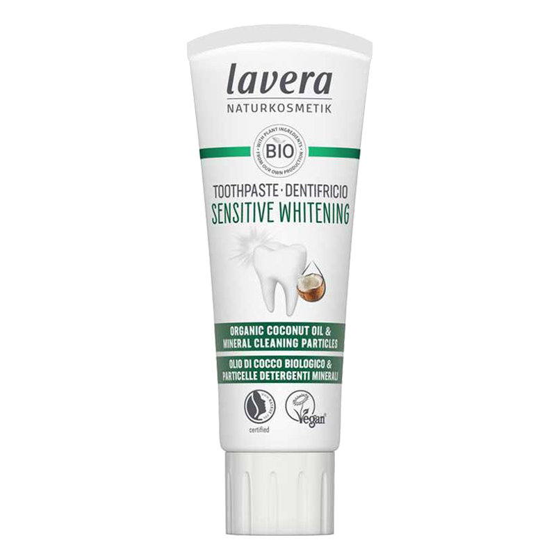 Lavera Toothpaste Sensitive Whitening with Organic Coconut Oil and Mineral Cleaning Particles.  Certified by NaTrue and Certified Vegan by the vegan Society 