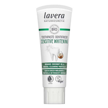 Lavera Toothpaste Sensitive Whitening with Organic Coconut Oil and Mineral Cleaning Particles.  Certified by NaTrue and Certified Vegan by the vegan Society 