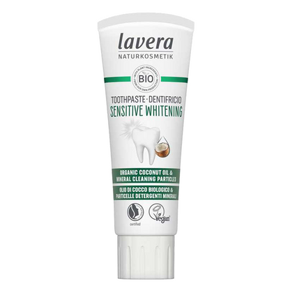 Lavera Toothpaste Sensitive Whitening with Organic Coconut Oil and Mineral Cleaning Particles.  Certified by NaTrue and Certified Vegan by the vegan Society 