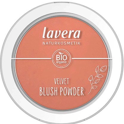 Lavera Velvet Blush Powder Rosy Peach 01 is in a compact case