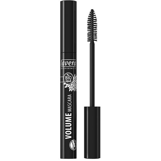 Lavera Volume Mascara Black shows a mascara wand with large bristle at the bottom leading to smaller bristle at the top. with a Mascara Tube. 