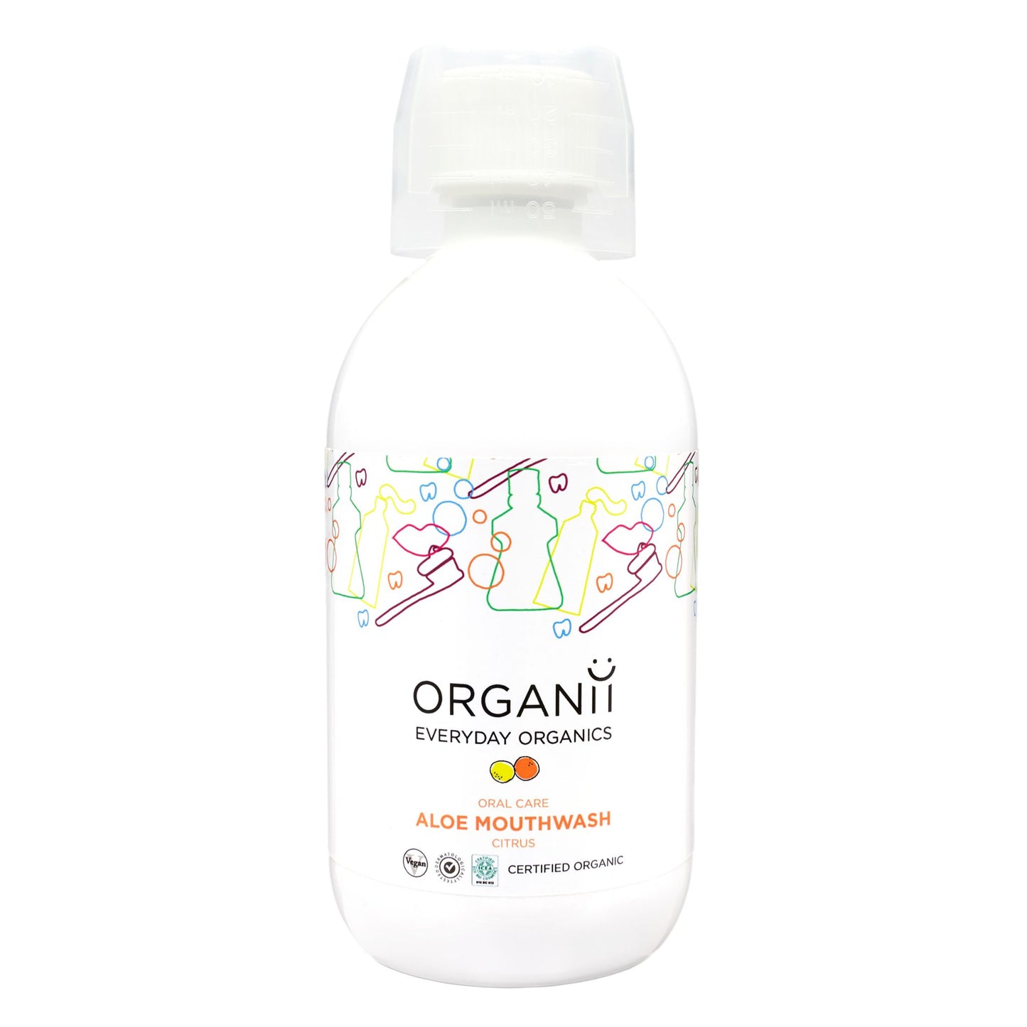 Organii Organic Mouthwash Aloe and Citrus in a plastic bottle with a screw top lid and a cup over the top of the lid.
