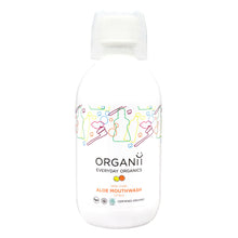 Organii Organic Mouthwash Aloe and Citrus in a plastic bottle with a screw top lid and a cup over the top of the lid.