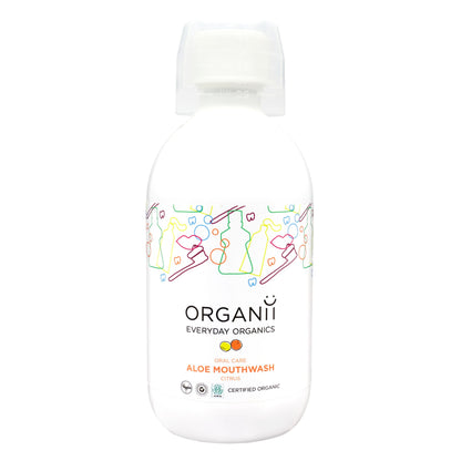 Organii Organic Mouthwash Aloe and Citrus in a plastic bottle with a screw top lid and a cup over the top of the lid.